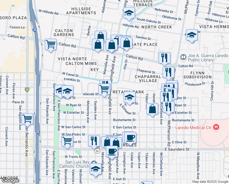 map of restaurants, bars, coffee shops, grocery stores, and more near 402-598 Taylor St in Laredo
