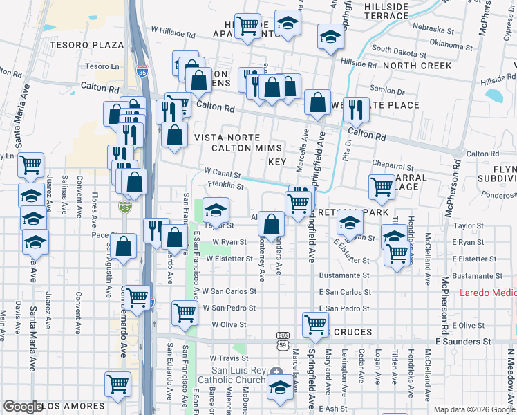 map of restaurants, bars, coffee shops, grocery stores, and more near 144 Franklin Street in Laredo