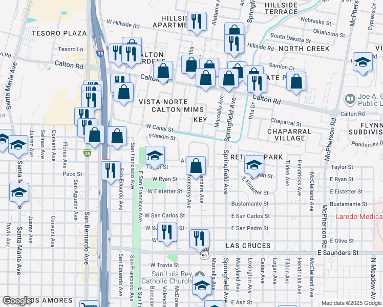map of restaurants, bars, coffee shops, grocery stores, and more near 4631 Monterrey Loop in Laredo