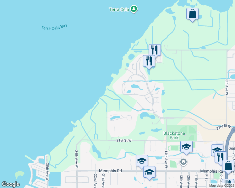 map of restaurants, bars, coffee shops, grocery stores, and more near 2806 Edgewater Lane in Palmetto