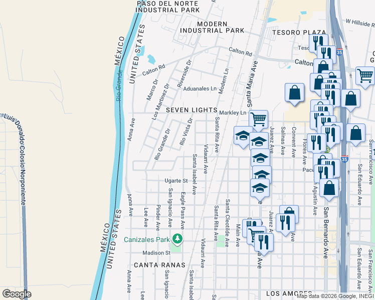map of restaurants, bars, coffee shops, grocery stores, and more near 4302 Santa Isabel Avenue in Laredo
