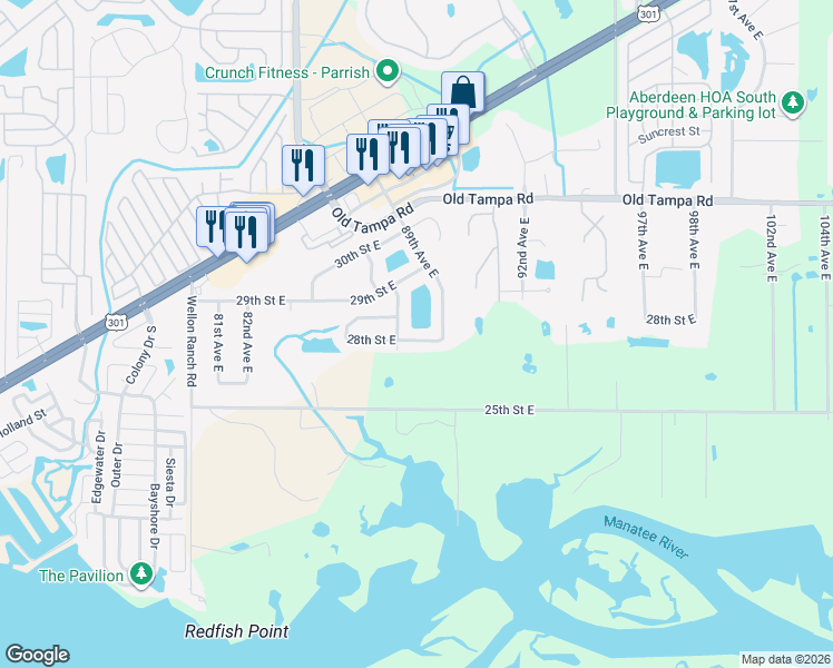 map of restaurants, bars, coffee shops, grocery stores, and more near 2812 88th Avenue East in Parrish