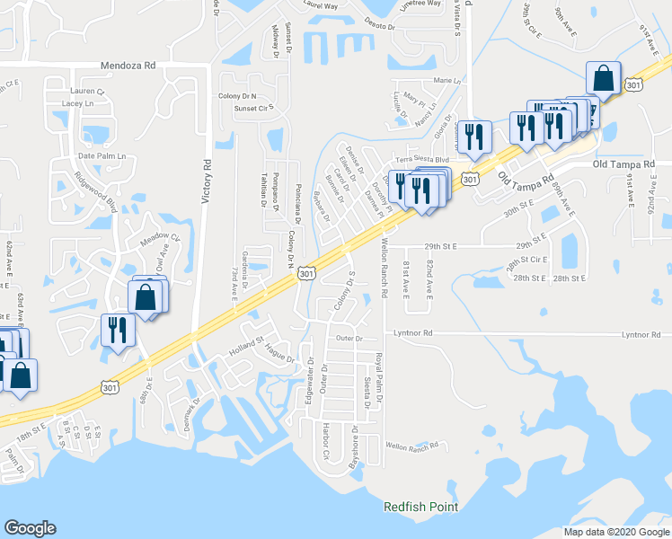 map of restaurants, bars, coffee shops, grocery stores, and more near 377 Teakwood Drive in Ellenton