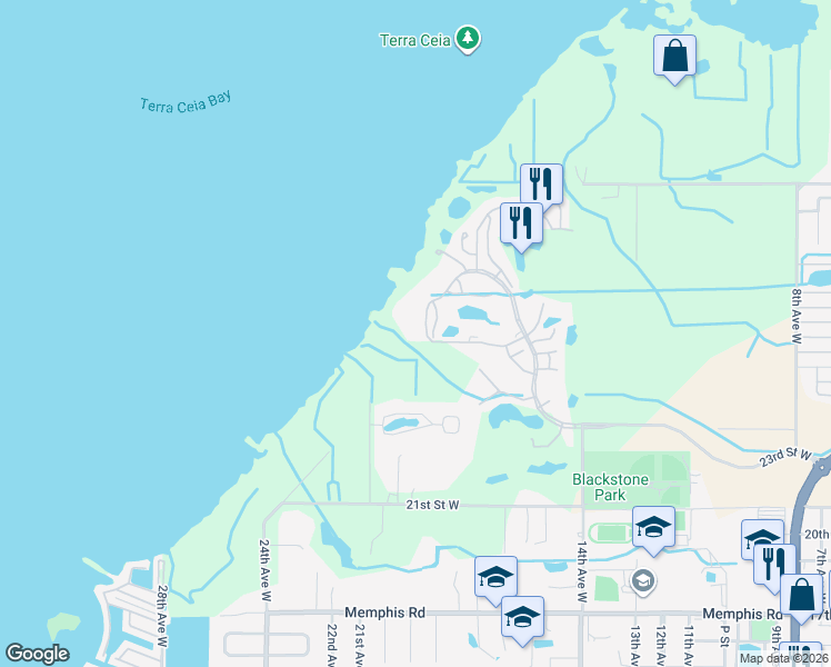 map of restaurants, bars, coffee shops, grocery stores, and more near 2615 Edgewater Court in Palmetto