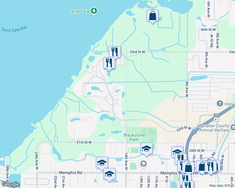 map of restaurants, bars, coffee shops, grocery stores, and more near 2609 Waterford Way in Palmetto
