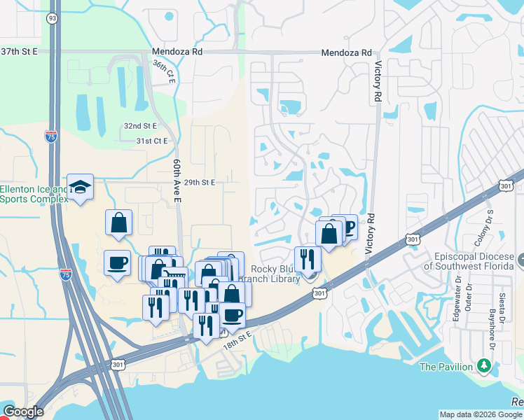 map of restaurants, bars, coffee shops, grocery stores, and more near 182 Nightingale Circle in Ellenton