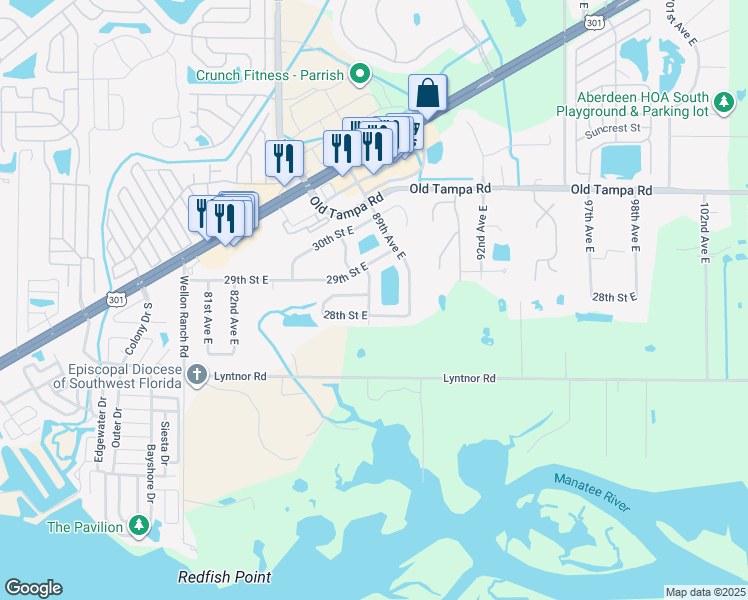 map of restaurants, bars, coffee shops, grocery stores, and more near 2812 88th Avenue East in Parrish