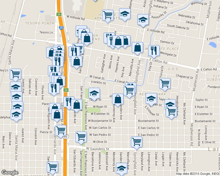 map of restaurants, bars, coffee shops, grocery stores, and more near 144 Franklin Street in Laredo
