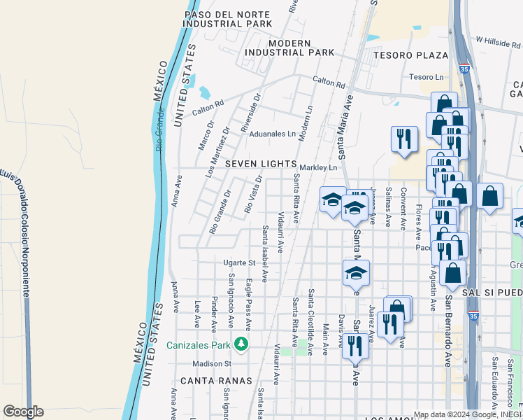 map of restaurants, bars, coffee shops, grocery stores, and more near 4302 Santa Isabel Ave in Laredo