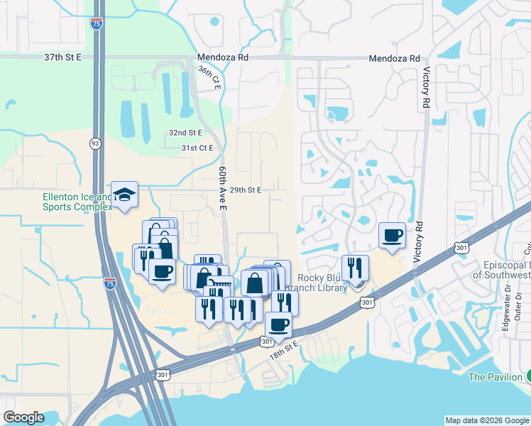 map of restaurants, bars, coffee shops, grocery stores, and more near 2743 62nd Avenue East in Ellenton