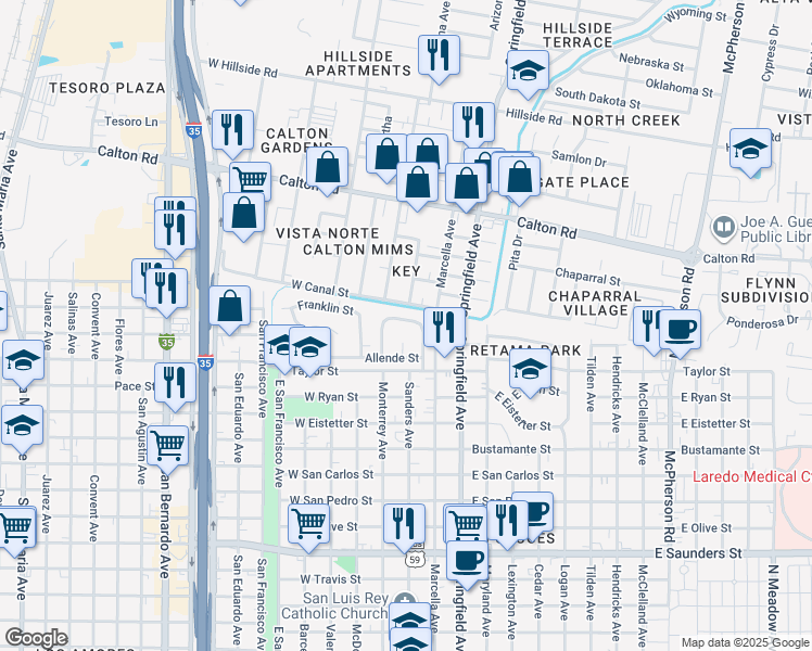 map of restaurants, bars, coffee shops, grocery stores, and more near 4631 Monterrey Loop in Laredo
