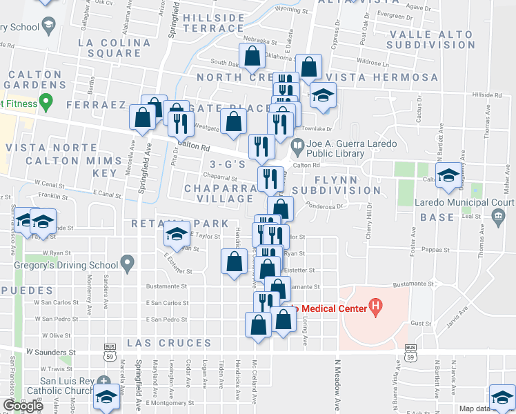 map of restaurants, bars, coffee shops, grocery stores, and more near 4605 Rhonda Drive in Laredo