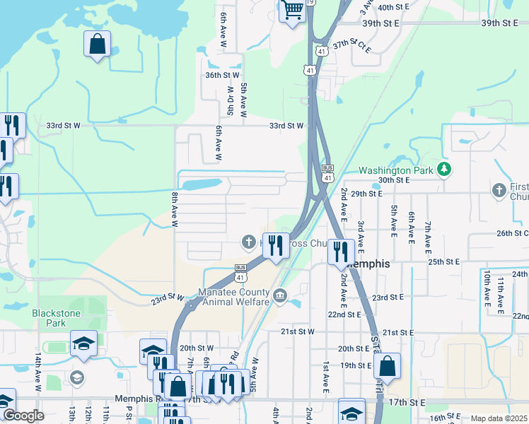 map of restaurants, bars, coffee shops, grocery stores, and more near 405 28th Street West in Palmetto