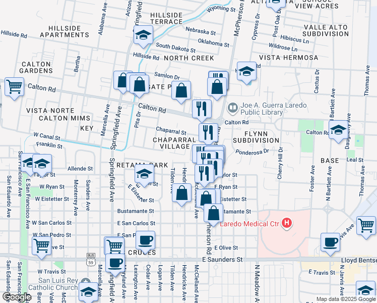map of restaurants, bars, coffee shops, grocery stores, and more near 4605 Rhonda Drive in Laredo