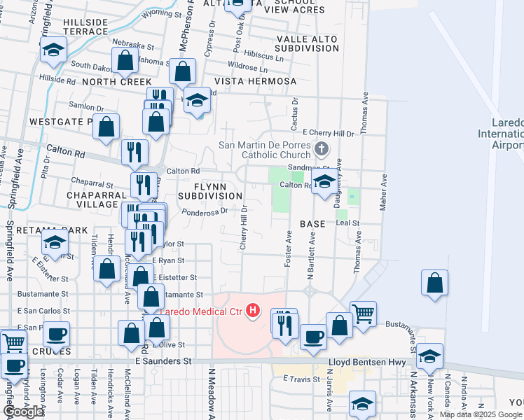 map of restaurants, bars, coffee shops, grocery stores, and more near 412 Peach Tree Lane in Laredo