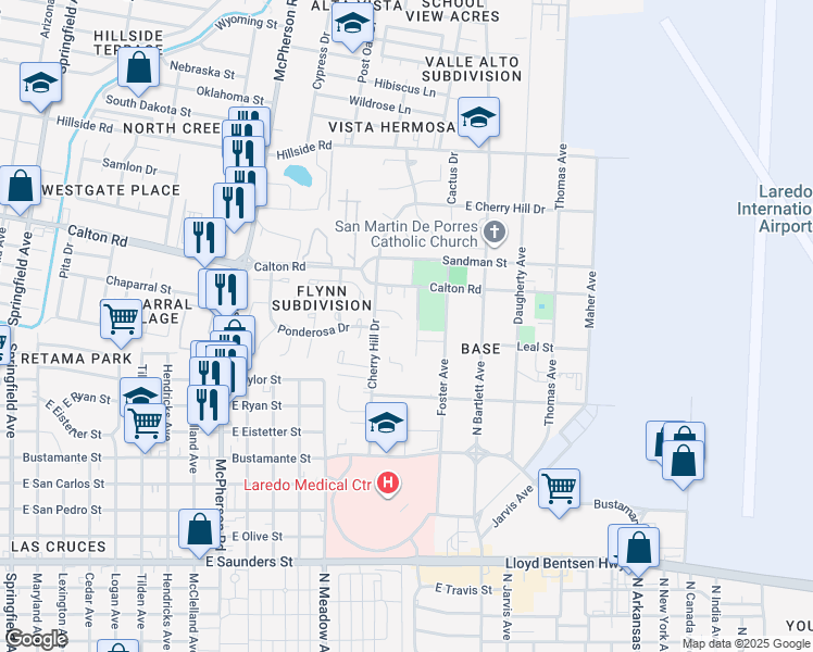 map of restaurants, bars, coffee shops, grocery stores, and more near 412 Peach Tree Lane in Laredo