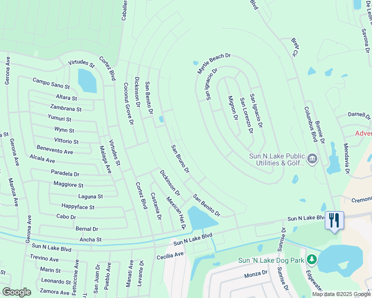 map of restaurants, bars, coffee shops, grocery stores, and more near 5267 Pebble Beach Drive in Sebring
