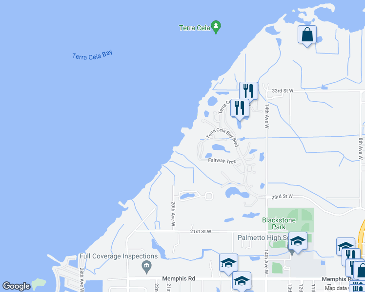 map of restaurants, bars, coffee shops, grocery stores, and more near 2806 Edgewater Lane in Palmetto