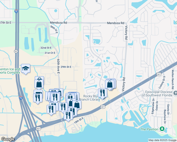 map of restaurants, bars, coffee shops, grocery stores, and more near 182 Nightingale Circle in Ellenton