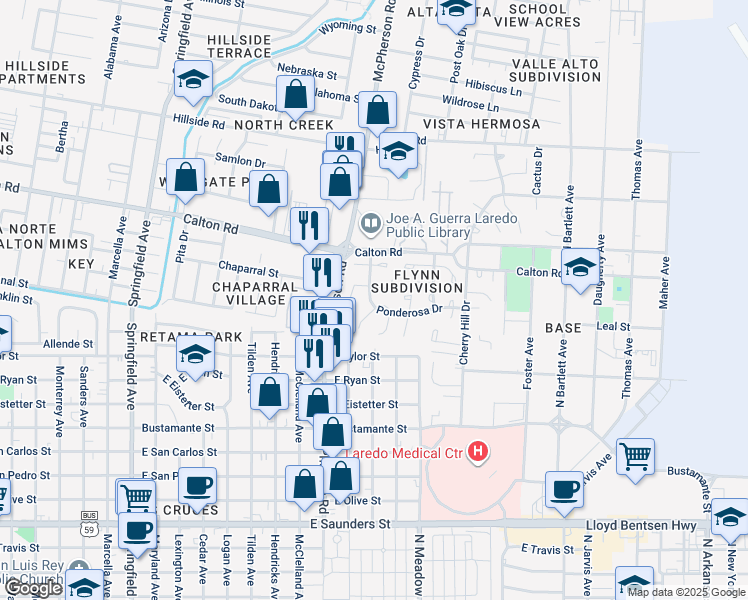 map of restaurants, bars, coffee shops, grocery stores, and more near 467 Ponderosa Place in Laredo