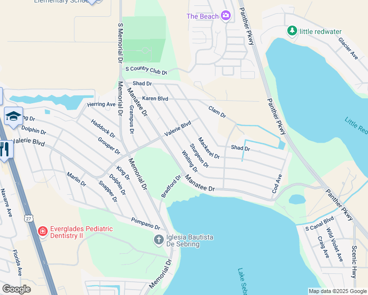 map of restaurants, bars, coffee shops, grocery stores, and more near 4832 Whiting Drive in Sebring