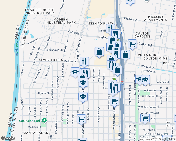 map of restaurants, bars, coffee shops, grocery stores, and more near 1317 Farias Street in Laredo