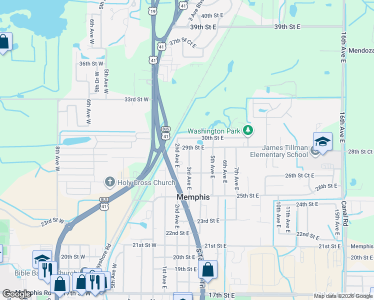 map of restaurants, bars, coffee shops, grocery stores, and more near 225 29th Street East in Palmetto