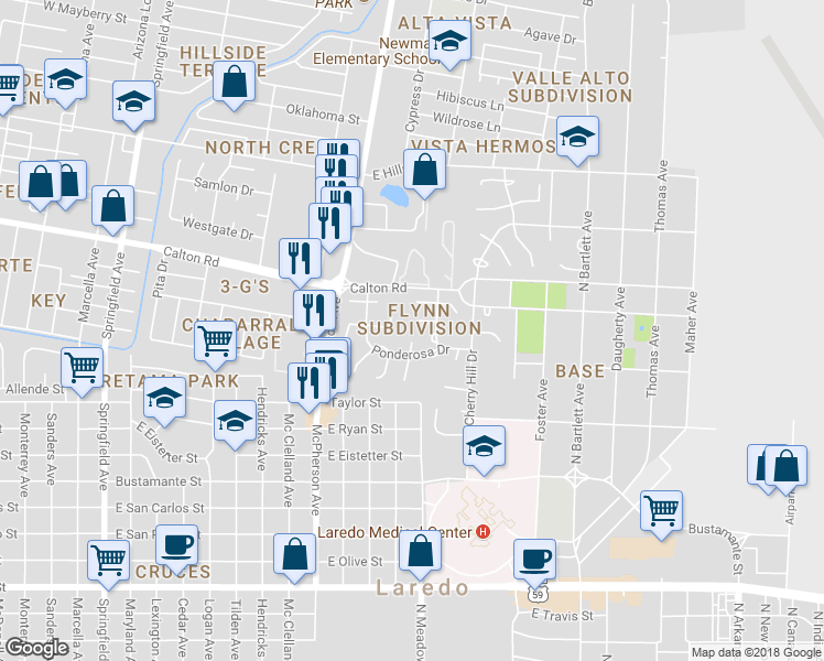 map of restaurants, bars, coffee shops, grocery stores, and more near 460 Lilac Place in Laredo