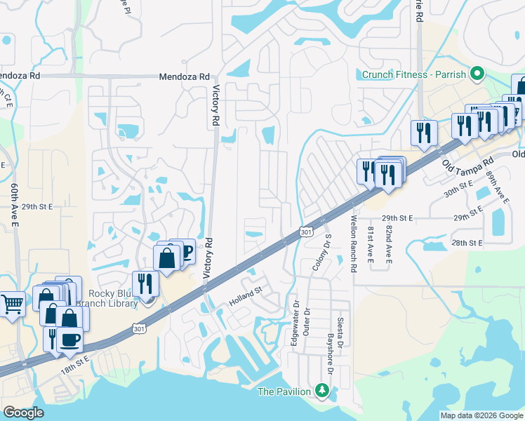 map of restaurants, bars, coffee shops, grocery stores, and more near 121 Tahitian Drive in Ellenton