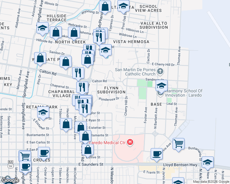 map of restaurants, bars, coffee shops, grocery stores, and more near 448B Larch Place in Laredo