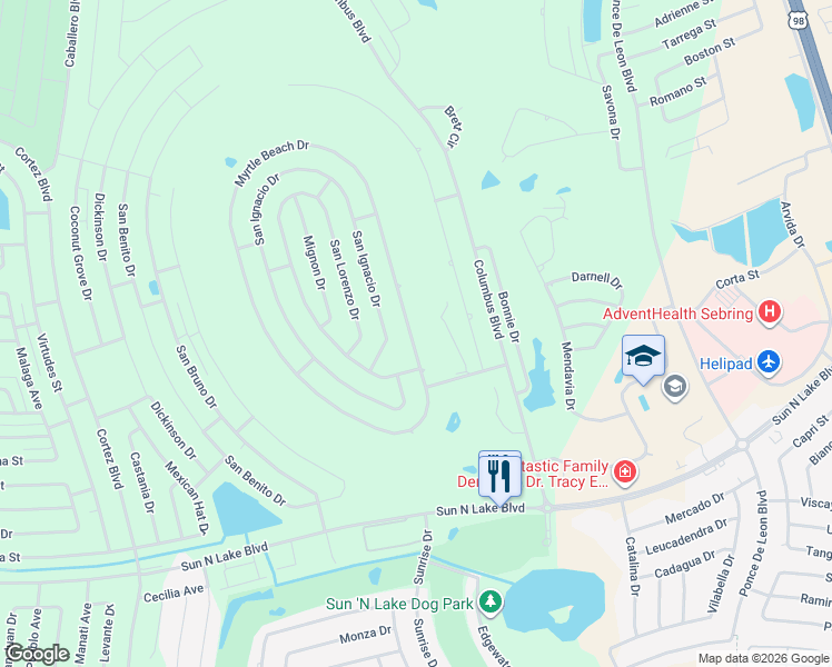 map of restaurants, bars, coffee shops, grocery stores, and more near 4547 Myrtle Beach Drive in Sebring