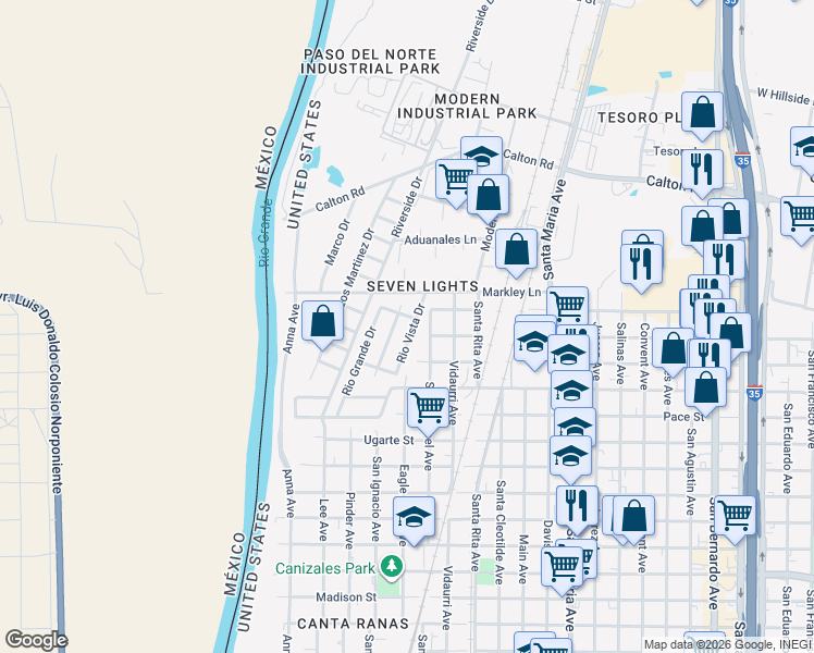 map of restaurants, bars, coffee shops, grocery stores, and more near 403 Rio Vista Drive in Laredo