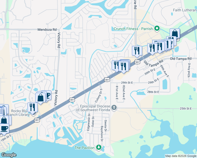map of restaurants, bars, coffee shops, grocery stores, and more near 3108 Terra Siesta Boulevard in Ellenton