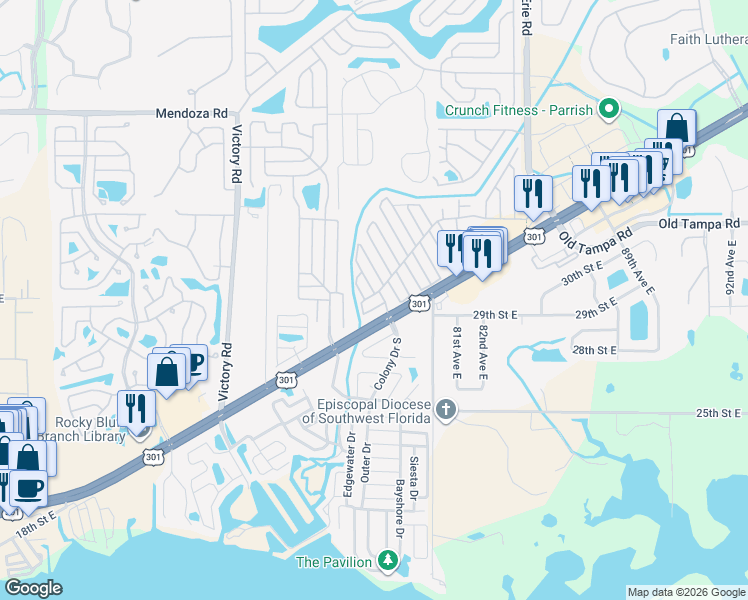 map of restaurants, bars, coffee shops, grocery stores, and more near 3108 Terra Siesta Boulevard in Ellenton