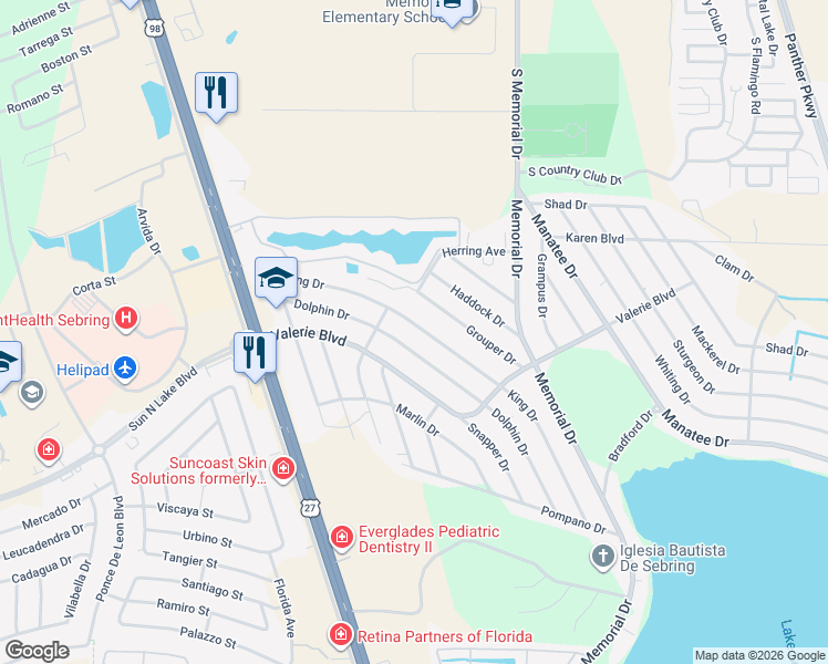 map of restaurants, bars, coffee shops, grocery stores, and more near 3221 King Dr in Sebring