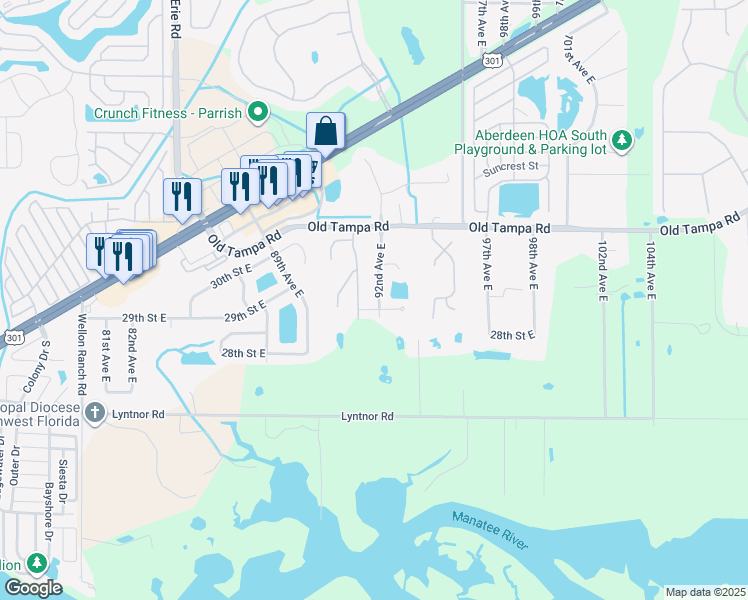 map of restaurants, bars, coffee shops, grocery stores, and more near 2909 92nd Avenue East in Parrish