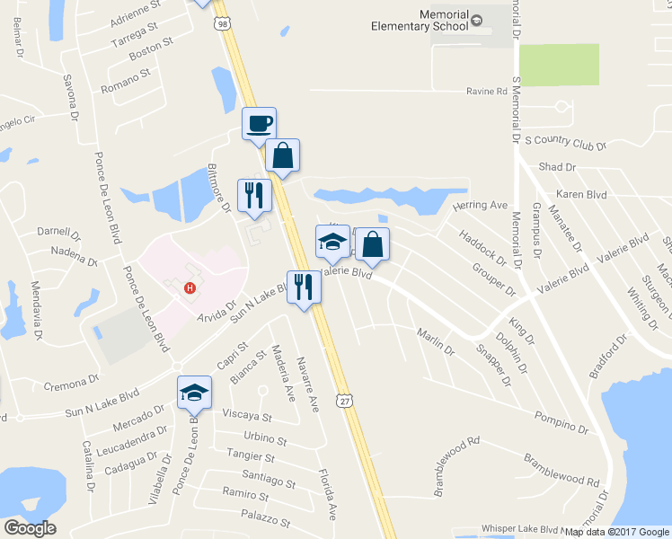 map of restaurants, bars, coffee shops, grocery stores, and more near 4900 Starfish Avenue in Sebring
