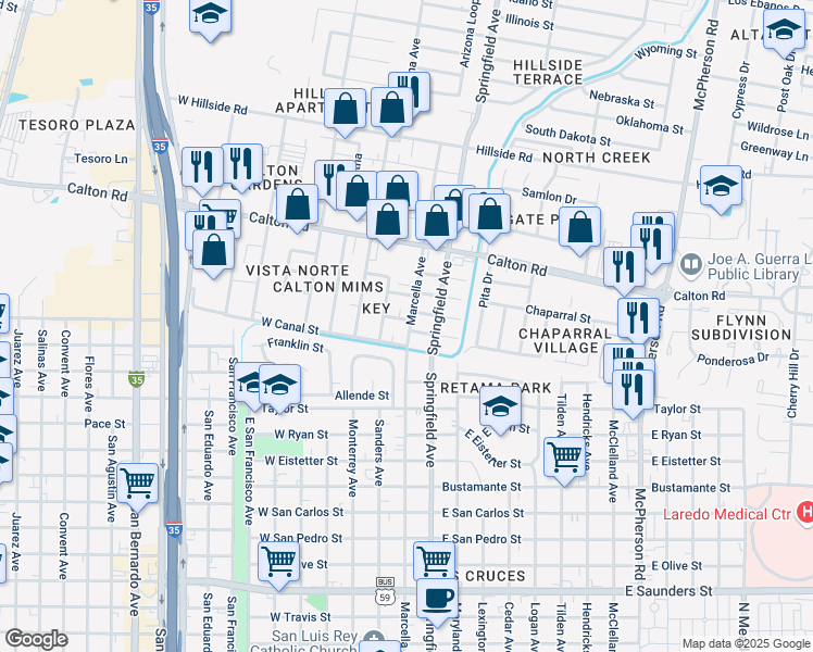 map of restaurants, bars, coffee shops, grocery stores, and more near 219 East Cherry Lane in Laredo