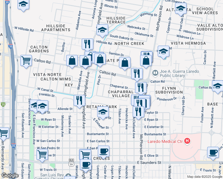 map of restaurants, bars, coffee shops, grocery stores, and more near 4611 Yucca Dr in Laredo