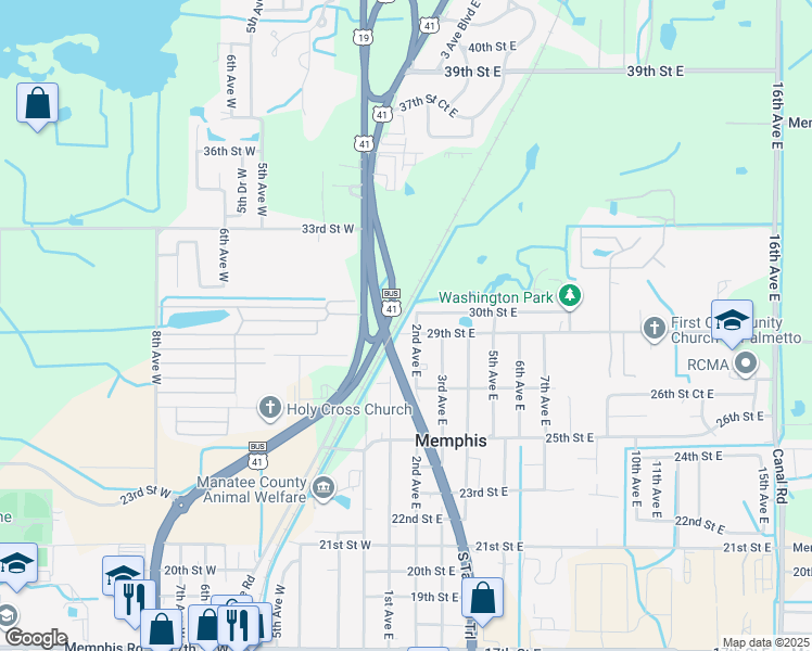 map of restaurants, bars, coffee shops, grocery stores, and more near 110 29th Street East in Palmetto