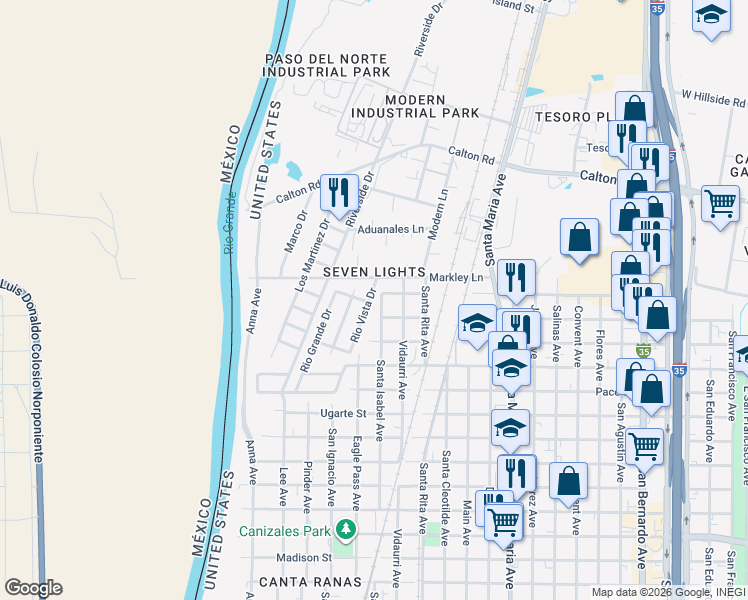 map of restaurants, bars, coffee shops, grocery stores, and more near 403 Rio Vista Drive in Laredo
