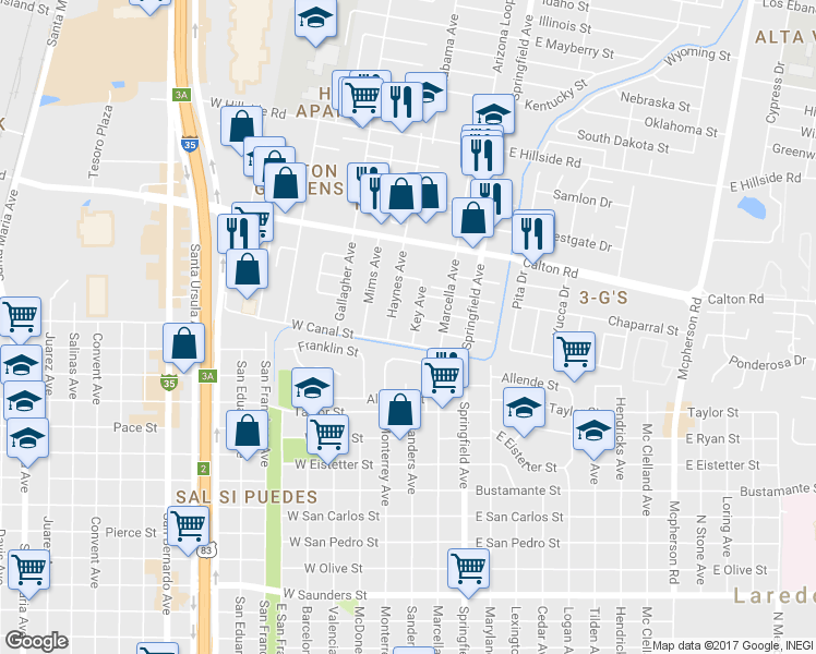 map of restaurants, bars, coffee shops, grocery stores, and more near 4504 Key Avenue in Laredo