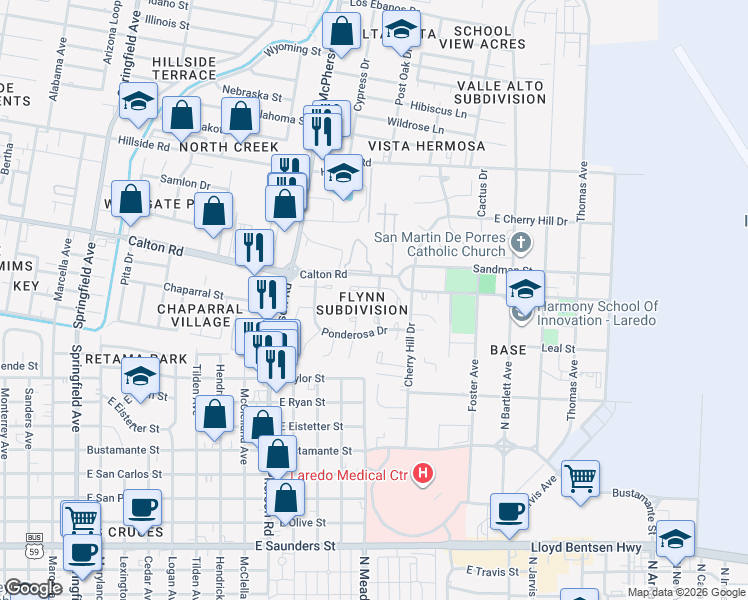map of restaurants, bars, coffee shops, grocery stores, and more near 448B Larch Place in Laredo
