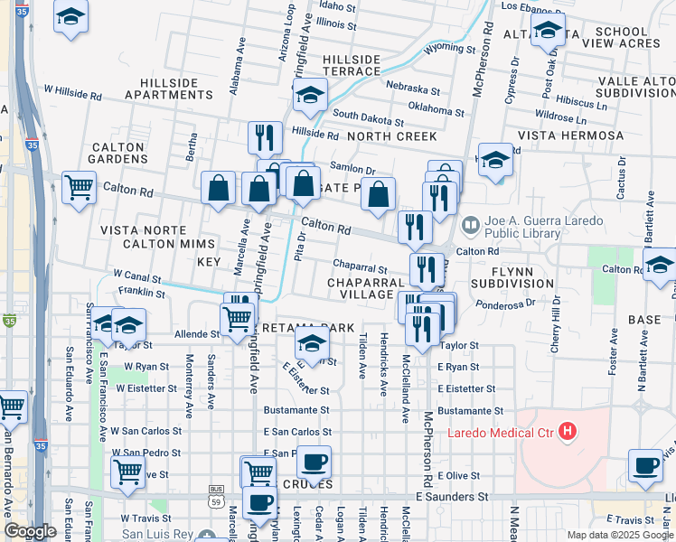 map of restaurants, bars, coffee shops, grocery stores, and more near 4611 Yucca Drive in Laredo