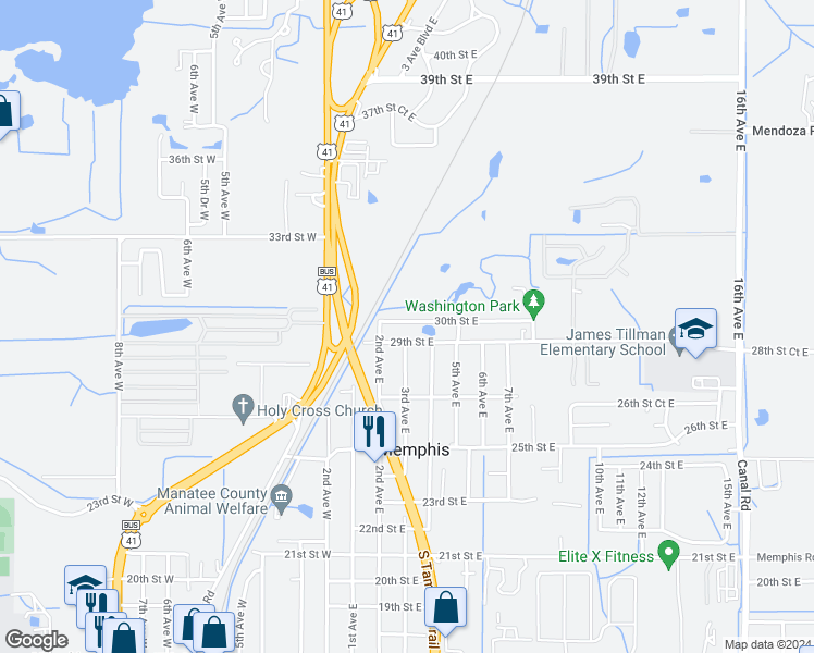 map of restaurants, bars, coffee shops, grocery stores, and more near 301 30th Street East in Palmetto