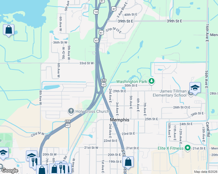 map of restaurants, bars, coffee shops, grocery stores, and more near 2907 2nd Avenue East in Palmetto