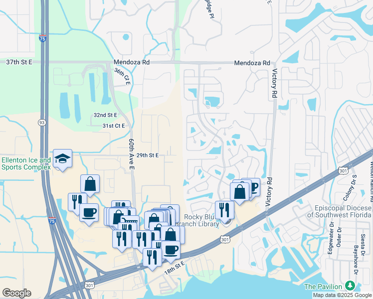map of restaurants, bars, coffee shops, grocery stores, and more near 6861 Coconut Grove Circle in Ellenton