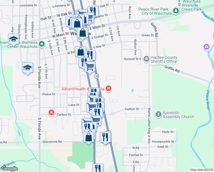 map of restaurants, bars, coffee shops, grocery stores, and more near 667 South 5th Avenue in Wauchula