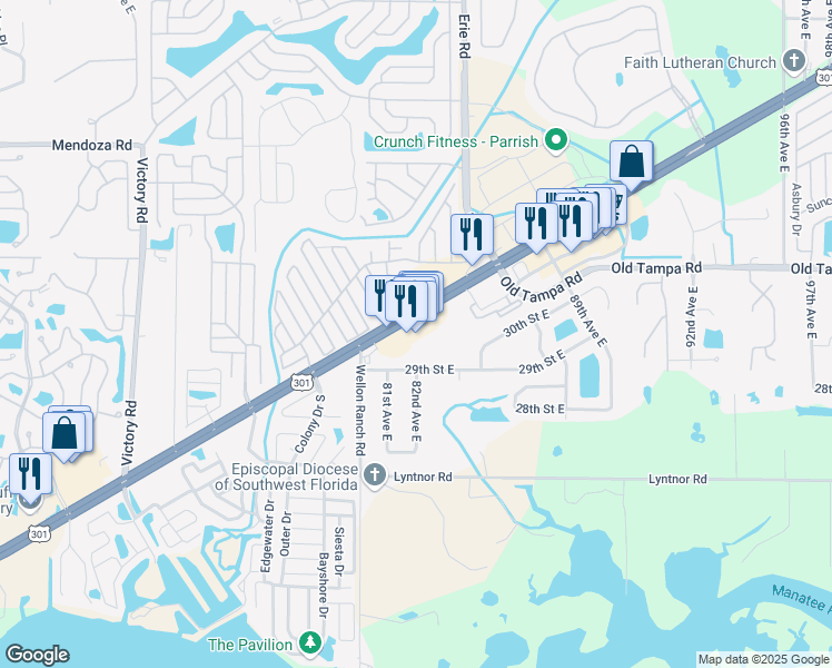 map of restaurants, bars, coffee shops, grocery stores, and more near 8209 U.S. 301 in Parrish