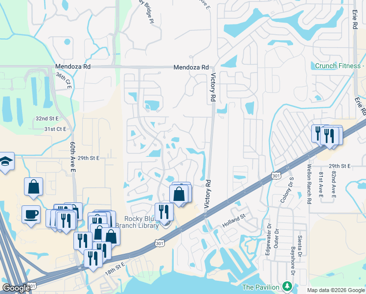 map of restaurants, bars, coffee shops, grocery stores, and more near 174 Osprey Circle in Ellenton